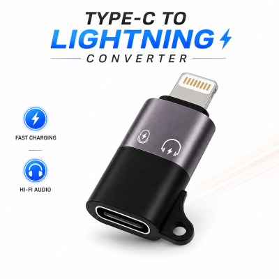Lightning to Type-C Converter – 2-in-1 Dual Function Audio & Charging Adapter with Mic Support & Portable Keychain Design